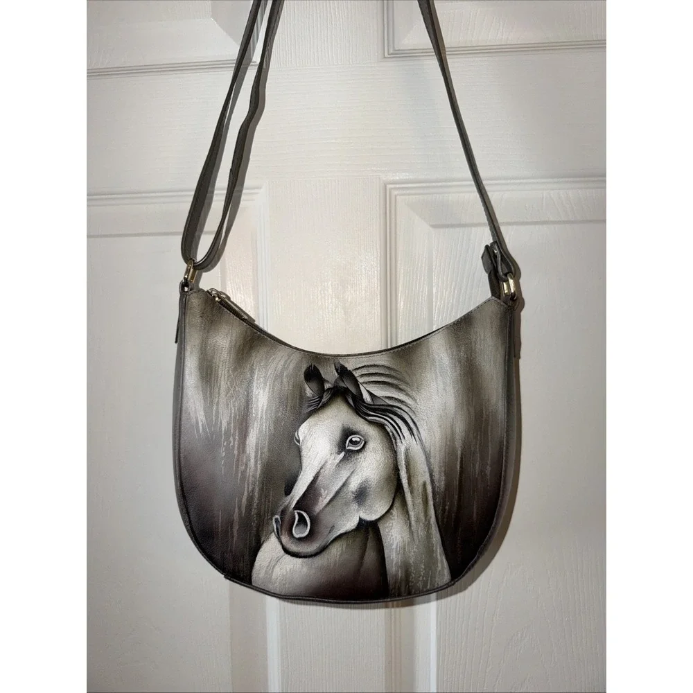 Anuschka Hand Painted Zip Hobo Grey Horse Equestrian Western Leather Handbag